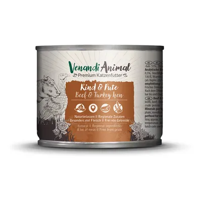 Venandi Animal Premium kattenvoer, rund & kalkoen. Natuurlijk, regionale ingrediënten, extra veel vlees, graanvrij.