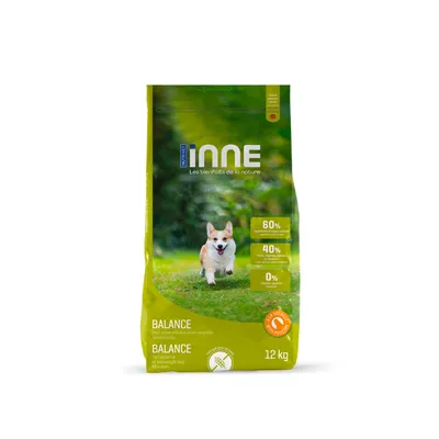 Sac de croquettes INNE Balance 12 kg, pour chiens en surpoids. Texte visible : 60 % ingrédients d’origine animale, 40 % fruits/légumes/plantes, 0 % céréales ajoutées.