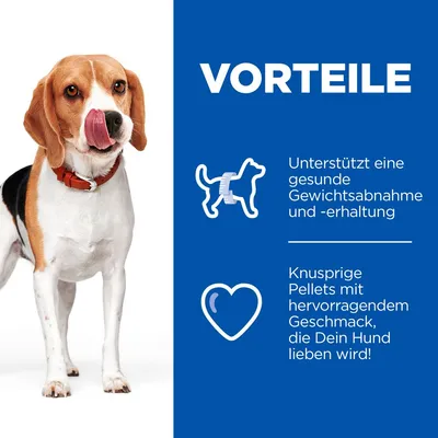 Vorteile: Unterstützt gesunde Gewichtsabnahme und -erhaltung. Knusprige Pellets mit hervorragendem Geschmack, die Dein Hund lieben wird.