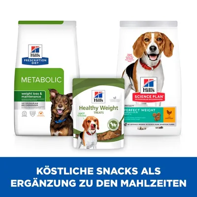 Hill's Prescription Diet Metabolic, Healthy Weight Treats und Science Plan Perfect Weight. Köstliche Snacks als Ergänzung zu den Mahlzeiten.