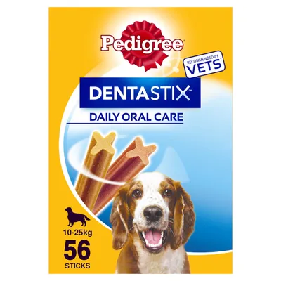 Pedigree Dentastix Daily Oral Care, recommended by vets, 56 sticks for dogs 10–25 kg. Image shows two Dentastix treats and product branding on yellow and blue packaging.