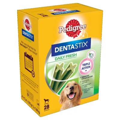 Pedigree Dentastix Daily Fresh, Triple Action, 28 sticks for dogs 25kg+, visible text: reduces tartar build-up by up to 80%, cleans hard to reach teeth, supports gum health.