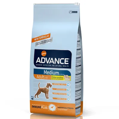 Advance Medium Adult 10–30 kg Chicken and Rice hundefoder, 14 kg pose. Synlig tekst: Intestinal Health, Athletic Body, Dental Protection, Strong Heart, ImmunePlus, New Formula.
