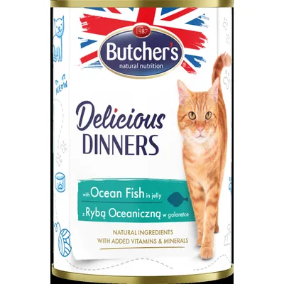 Butcher's Delicious Dinners con Ocean Fish in jelly. Ingredientes naturales con vitaminas y minerales añadidos. Imagen de un gato naranja en la lata.