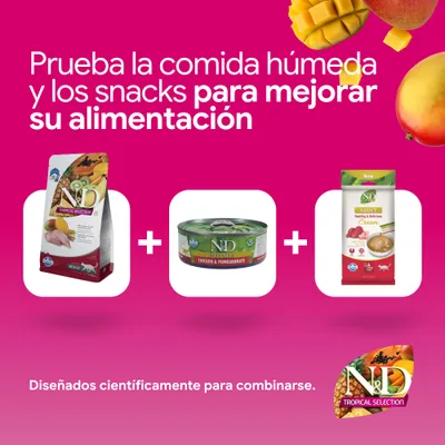 N&D Tropical Selection pienso, N&D Prime Chicken & Pomegranate comida húmeda y N&D Adult Cream Snack. Desarrollado científicamente para combinarse.