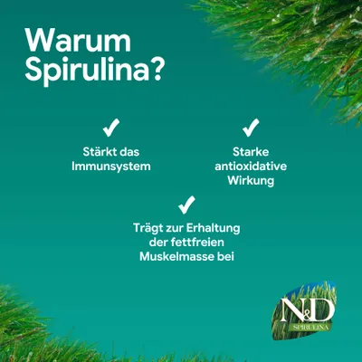 Warum Spirulina? Stärkt das Immunsystem, starke antioxidative Wirkung, trägt zur Erhaltung der fettfreien Muskelmasse bei. N&D Spirulina.