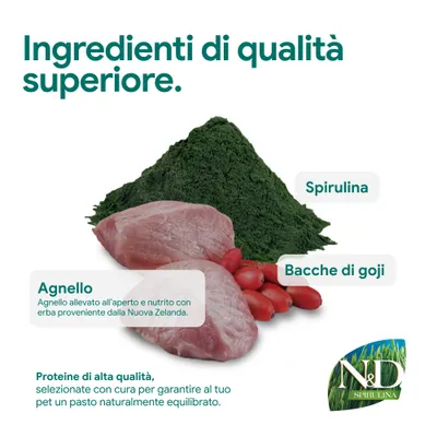 Componenti di alta qualità: spirulina, bacche di goji, agnello dalla Nuova Zelanda. Proteine di alta qualità per pasti equilibrati. Marchio N&D Spirulina ben visibile. Componenti di alta qualità: spirulina, bacche di goji, agnello dalla Nuova Zelanda. Proteine di alta qualità per pasti equilibrati. Marchio N&D Spirulina ben visibile.