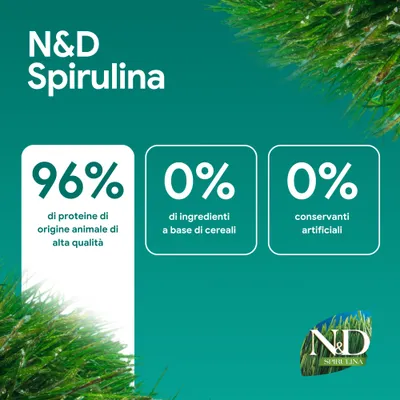 N&D Spirulina: 96% proteine animali, 0% ingredienti cerealicoli, 0% conservanti artificiali N&D Spirulina: 96% proteine animali, 0% ingredienti cerealicoli, 0% conservanti artificiali