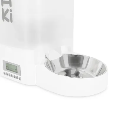 Automatischer Futterspender mit Edelstahl-Napf, LCD-Display und Bedientasten für programmierbare Fütterung.