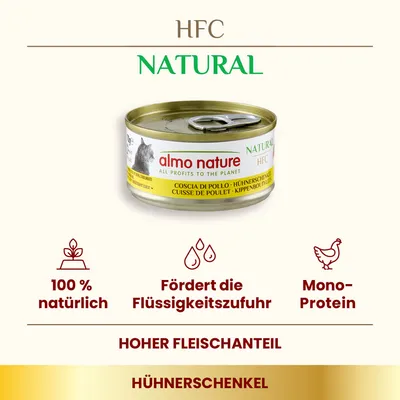 HFC Natural Almo Nature Hühnerschenkel, 100% natürlich, fördert Flüssigkeitszufuhr, Mono-Protein, hoher Fleischanteil.