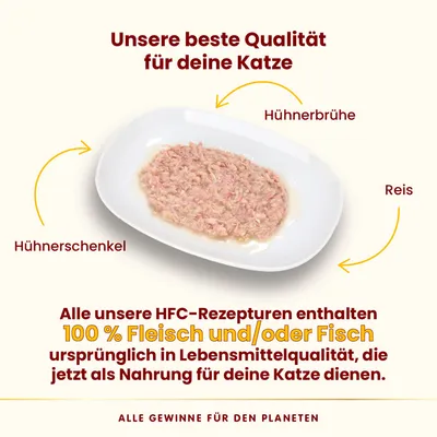 Unsere beste Qualität für Katzen: Hühnerschenkel, Hühnerbrühe und Reis. HFC-Rezepturen mit 100% Fleisch und/oder Fisch in Lebensmittelqualität. Alle Gewinne für den Planeten.