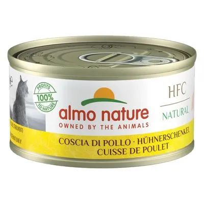 Puszka Almo Nature HFC Natural, widoczny napis: COSCIA DI POLLO · HÜHNERSCHENKEL · CUISSE DE POULET, 100% PROFITS TO NATURE, zarys kota na etykiecie.