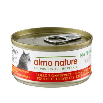 almo nature kattenvoer, tekst: ALL PROFITS TO THE PLANET, kip en garnalen, 70g, afbeelding van kat op het etiket