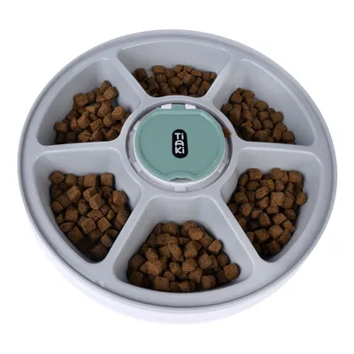 Tiaki food dispenser with six compartments, filled with brown dry food pieces.