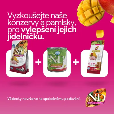 N&D Tropical Selection suché krmivo, N&D Prime Chicken & Pomegranate mokré krmivo a Dental Treats. Vedecky vyvinuté na spoločné kŕmenie.