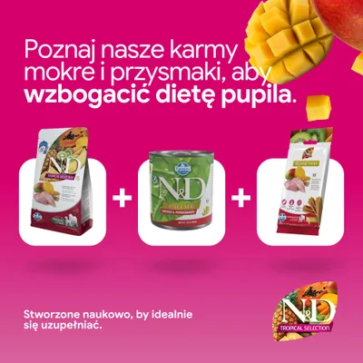 N&D Tropical Selection karma sucha, N&D Prime karma mokra i N&D Dental Treats są prezentowane jako suplement do żywienia zwierząt. Opracowane naukowo dla optymalnej kombinacji. N&D Tropical Selection karma sucha, N&D Prime karma mokra i N&D Dental Treats są prezentowane jako suplement do żywienia zwierząt. Opracowane naukowo dla optymalnej kombinacji.