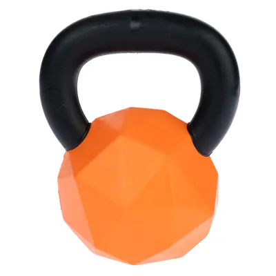 Orange kettlebell med geometrisk design og sort håndtag, egnet til fitness eller træning.