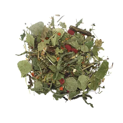 Mélange visible de feuilles séchées, morceaux de tiges, fleurs et petits morceaux rouges, présenté en vrac sur fond blanc. Aucun emballage ou marque n’est visible.