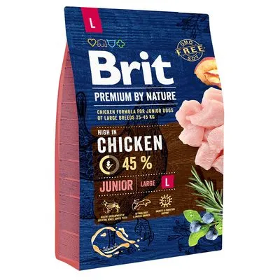 Brit Premium by Nature hondenvoer, junior large L, kip 45%, voor jonge honden van grote rassen 25–45 kg. GMO free. Afbeeldingen van kip, rozemarijn en bosbessen zichtbaar op verpakking.
