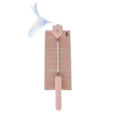 Product image: Trixie Retractable Kitty Teaser, pink handle, extendable rod with blue and white feathers. English packaging text visible.