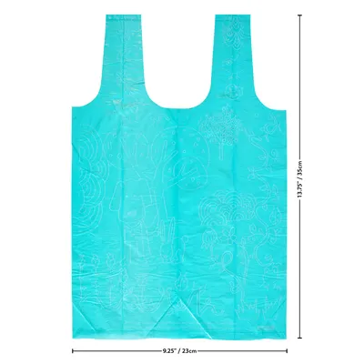 Turquoise tote bag with white animal and nature motifs. Dimensions: width 23 cm, height 35 cm.