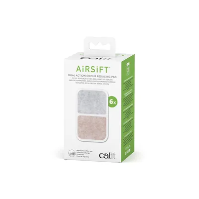Boîte de filtres Catit AiRSiFT double action réduisant les odeurs, 6 pièces visibles sur l’emballage. Texte en anglais et français sur la face avant.