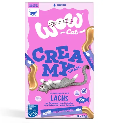 Wow Cat Creamy Snack con salmón, sin azúcares añadidos, Made in Germany, certificado MSC, 5x15g. Contiene inulina, 37 kcal por porción.