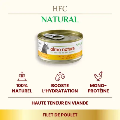 almo nature HFC Natural filet de poulet, 100 % naturel, booste l’hydratation, mono-protéine, haute teneur en viande, boîte pour chat visible