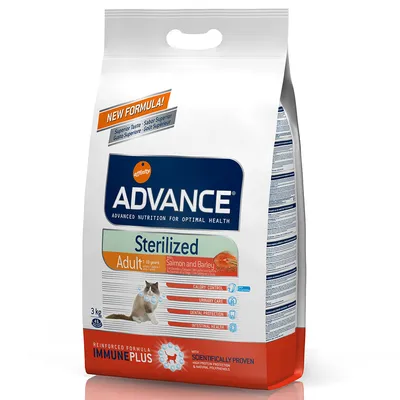 Advance Sterilized Adult 1–10 years Salmon and Barley kattefoder, 3 kg. Tekst: Calory Control, Urinary Care, Dental Protection, Intestinal Health, ImmunePlus, New Formula.