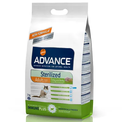 Advance Sterilized Adult Turkey and Barley kattefoder, 3 kg. Synlig tekst: Calory Control, Urinary Care, Dental Protection, Intestinal Health, ImmunePlus, Scientifically Proven.