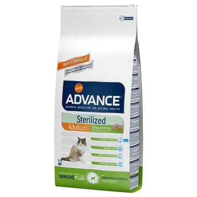 Advance Sterilized Adult Turkey and Barley kattmat, 15 kg. Synlig text: Calory Control, Urinary Care, Dental Protection, Intestinal Health, ImmunePlus, New Formula.