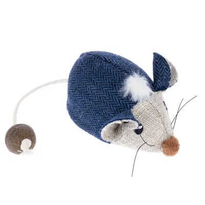 Fabric toy mouse with blue back, beige face and tail with round pendant. Suitable for interactive play.