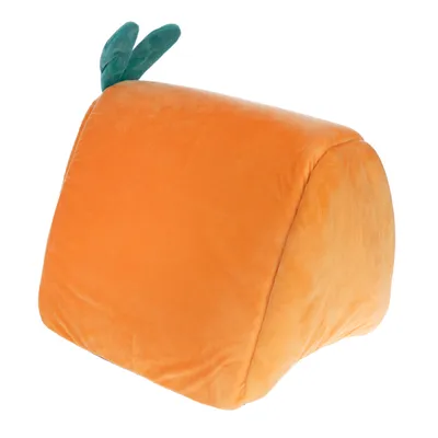 Coussin en tissu orange avec deux petites feuilles vertes, forme carrée arrondie. Aucun texte ou marque visible.