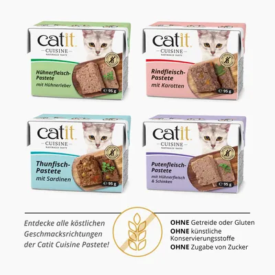 Catit Cuisine Pasteten in vier Sorten: Hühnerfleisch mit Hühnerleber, Rindfleisch mit Karotten, Thunfisch mit Sardinen, Putenfleisch mit Hühnerfleisch und Schinken. Ohne Getreide, Gluten, künstliche Konservierungsstoffe oder Zucker.