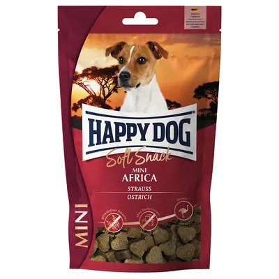 Happy Dog Soft Snack Mini Africa Strauss Ostrich, slika psa na embalaži, vidni simboli: brez žit, brez sladkorja, nojevo meso. Besedilo v nemščini: ohne Zusatz von Konservierungsstoffen.