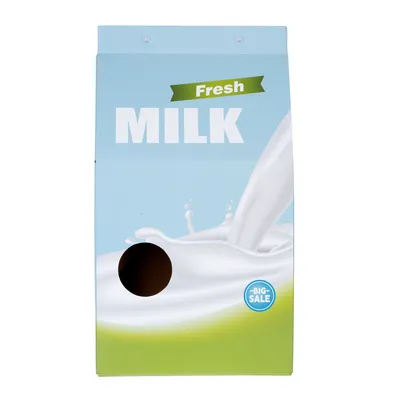 Balení s nápisem 'Fresh Milk' a modrým kruhem s textem '-Big Sale'.