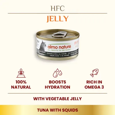 almo nature HFC Jelly tuna with squids cat food tin, 100% natural, boosts hydration, rich in omega 3, with vegetable jelly. All profits to the planet.