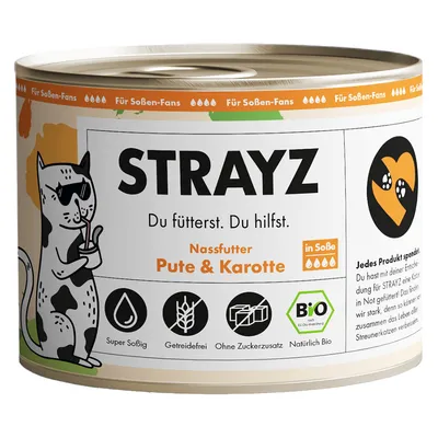 STRAYZ Nassfutter Pute & Karotte in Sosse. Super Sossig, Getreidefrei, Ohne Zuckerzusatz, Natürlich Bio. Du fütterst. Du hilfst. Jedes Produkt spendet für Strassenkatzen in Not.