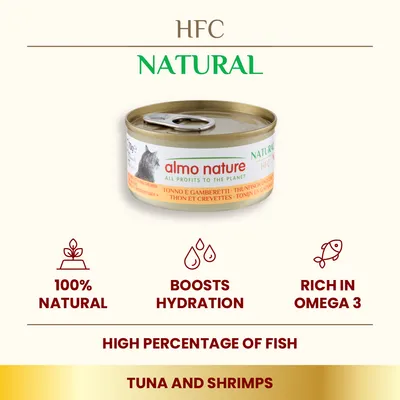 almo nature HFC Natural tuna and shrimps cat food tin. Text: 100% natural, boosts hydration, rich in omega 3, high percentage of fish, tuna and shrimps.