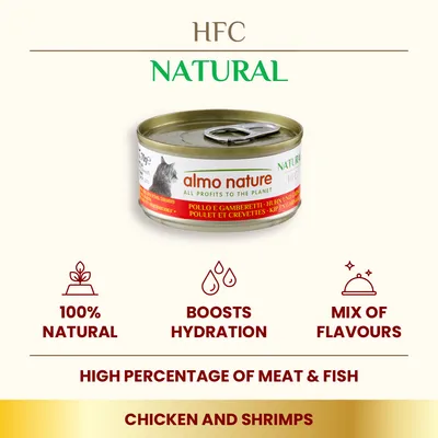 almo nature HFC Natural chicken and shrimps cat food tin. Text: 100% natural, boosts hydration, mix of flavours, high percentage of meat & fish, all profits to the planet.