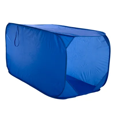 Blue foldable fabric tunnel with rectangular shape, suitable for play or hiding.