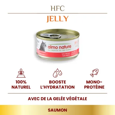 almo nature HFC Jelly saumon, 100 % naturel, booste l’hydratation, mono-protéine, avec de la gelée végétale. Texte visible : all profits to the planet, salmone-lachs-saumon-zalm.