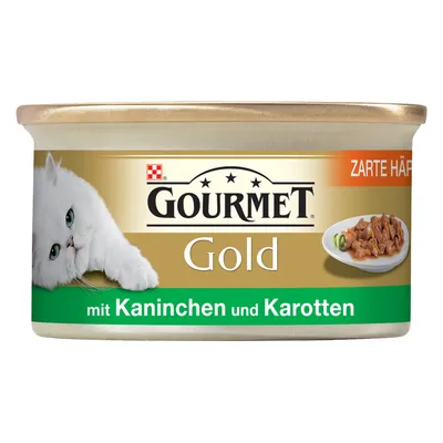 Lata de comida para gato Gourmet Gold, texto visível: 'mit Kaninchen und Karotten', imagem de um gato branco e prato com pedaços de carne. Texto adicional: Zarte Häppchen.