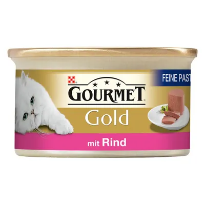 GOURMET Gold Feine Pastete mit Rind, Abbildung einer Dose mit Katzenbild und Pastete auf Teller