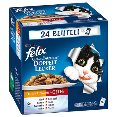 Felix Doppelt Lecker vleeskeuze in gelei, 24 zakjes. Smaken: rund, lam, kalkoen, kip, gevogelte, kalf, lever, nier. Tekst deels in het Duits: 'So gut wie es aussieht'.