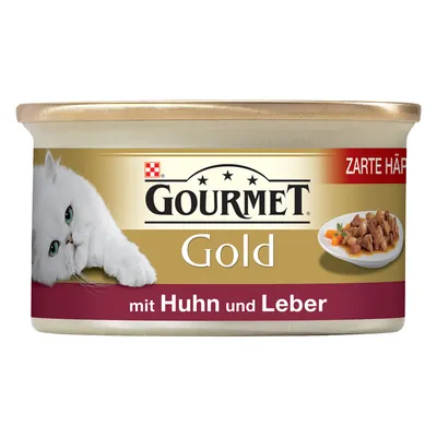 Lata de comida para gato Gourmet Gold, texto visível: 'mit Huhn und Leber', imagem de um prato com pedaços de carne e de um gato branco. Texto adicional em alemão: 'Zarte Häppchen'.