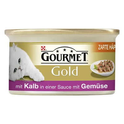 Lata Gourmet Gold com texto em alemão: mit Kalb in einer Sauce mit Gemüse. Imagem de um gato branco e prato com pedaços de carne em molho.