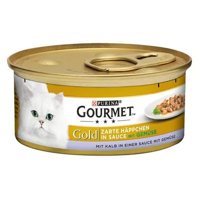 Purina Gourmet Gold kattenvoer, zarte Häppchen in saus met groente, mit Kalb in einer Sauce mit Gemüse. Blik met afbeelding van witte kat en portie natvoer.