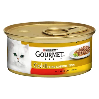 Scatoletta Purina Gourmet Gold Feine Komposition, mit Rind und Huhn. Immagine di un gatto bianco e piatto con carne sulla confezione.