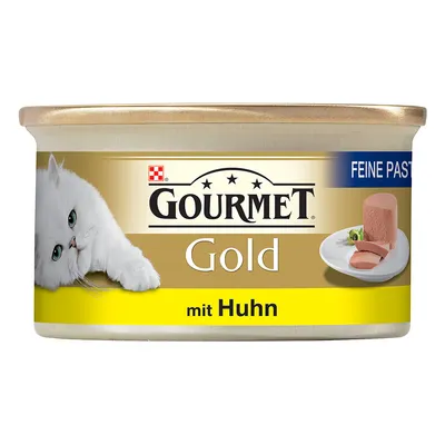 GOURMET Gold Feine Pastete mit Huhn, Dose mit Abbildung einer weißen Katze und servierter Pastete auf einem Teller
